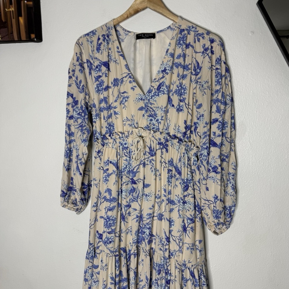 Few Moda Lined V-neck Long Sleeve Blue White Floral Maxi Dress Women's Small - Picture 2 of 14